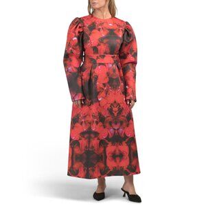 NANCY YANG Red Puff Sleeve Maxi Dress